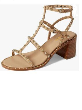 YDN Tan Sexy Strappy Sandals Open Toe Buckle Rivet Gladiator Chunky Heels Shoes
